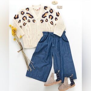 Pink Chicken Grandpa cardigan. Marled Oatmeal, navy, tan leopard. Girls 5T